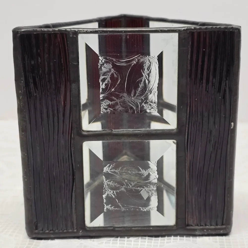 Vintage Burgundy Clear Stained Glass Gothic Votive Tealight Candle Holder